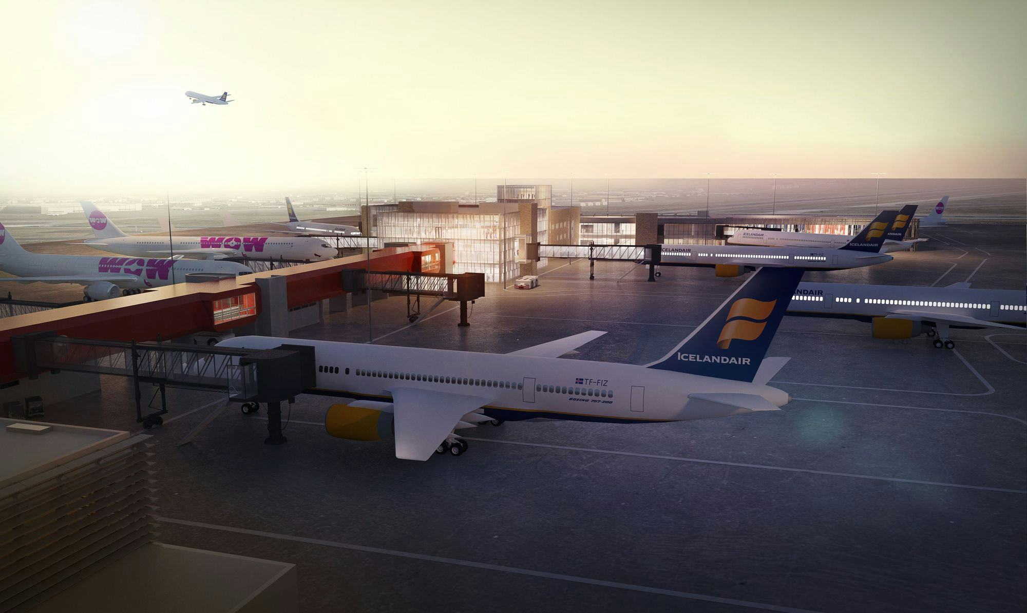 Rendering of an airport, passenger planes on a long runway, one plane in the air, sun setting