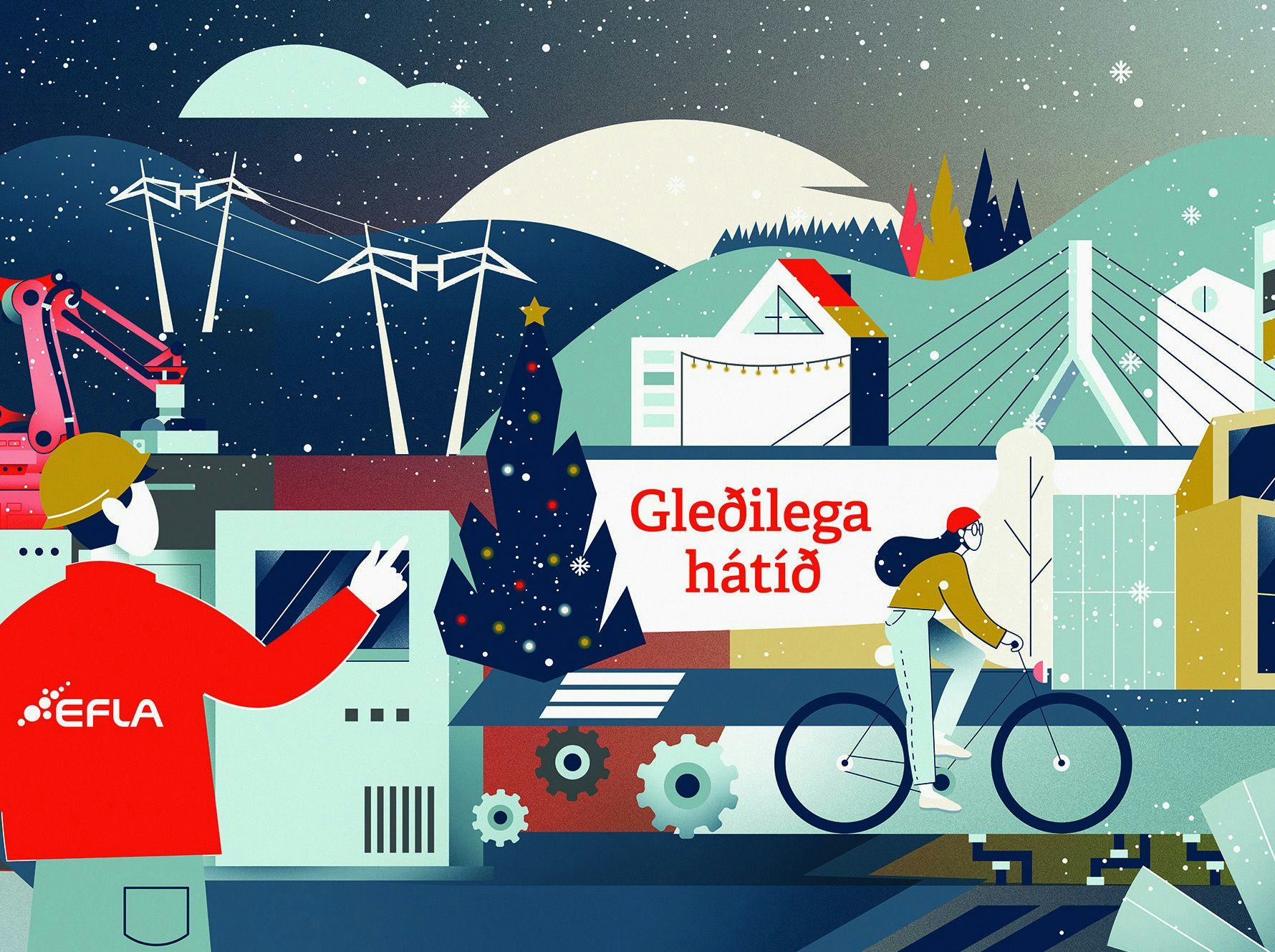A festive and industrial theme illustration with Icelandic texts 