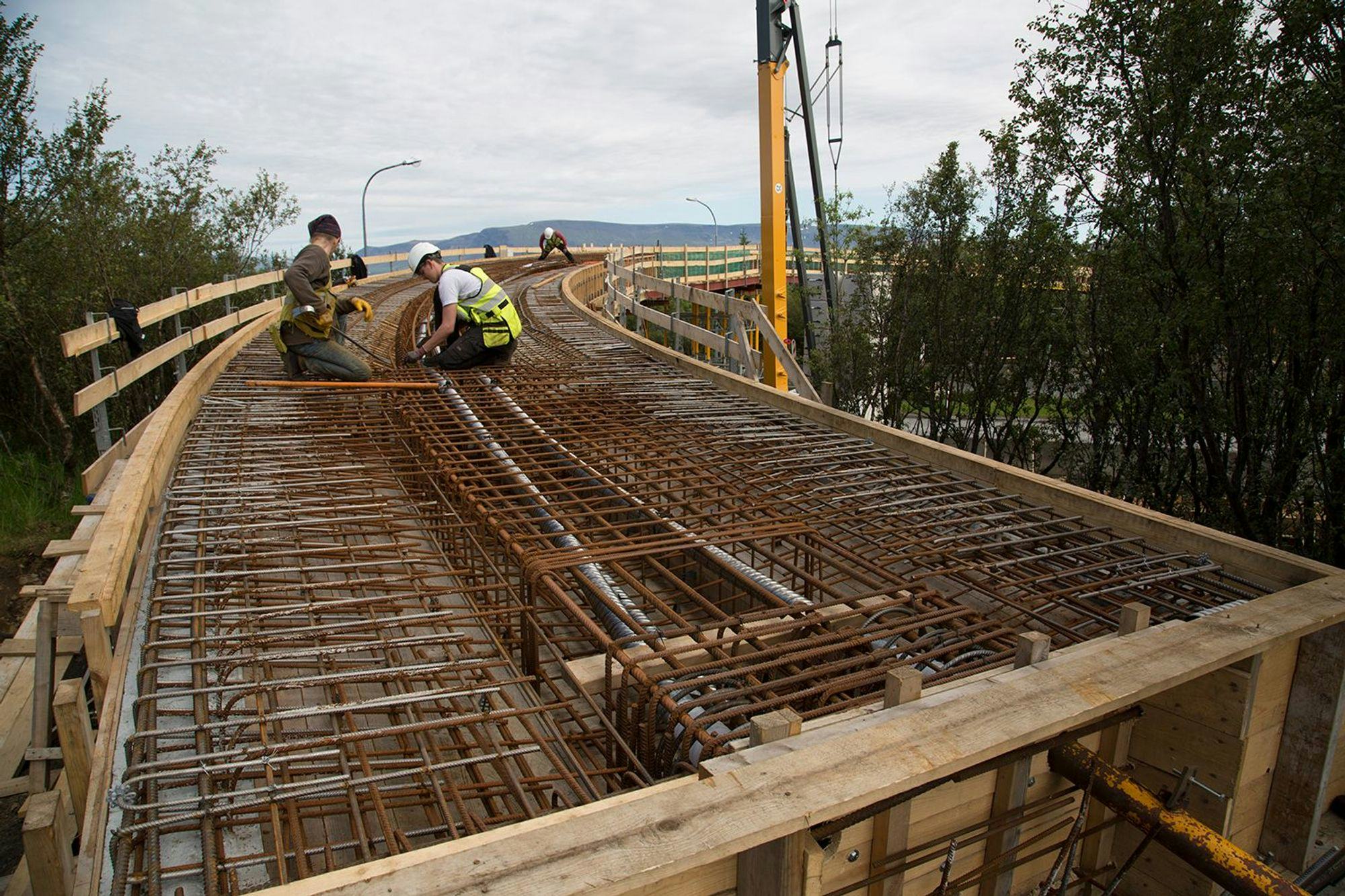 construction workers on a bridge focusing on rebar framework