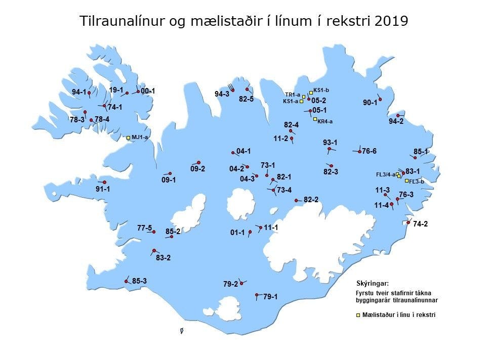 Kort af Íslandi sem sýnir staðsetningu tilraunalína fyrir ísingarmælingar