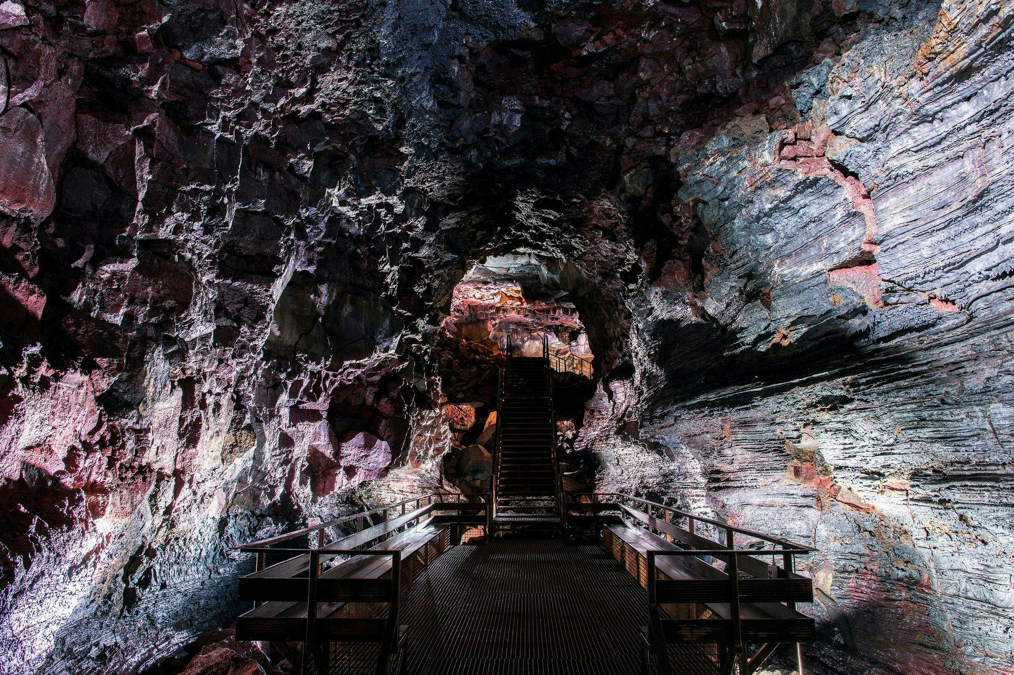 illuminated cave pathway 