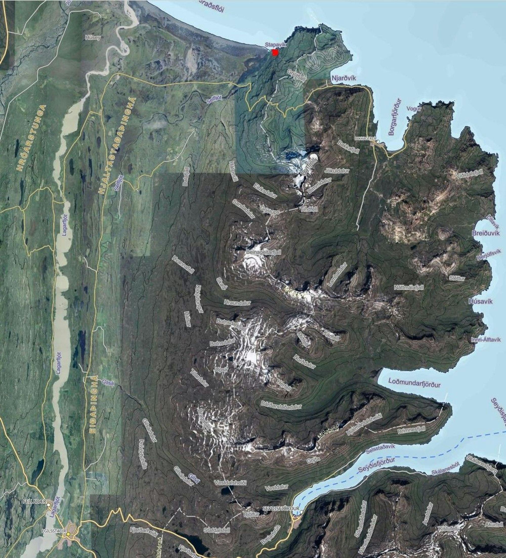 Kort af austurhluta Íslands