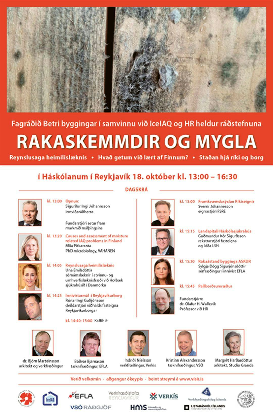 The photo shows a schedule with speakers headshot and a close-up photo of moldy wood