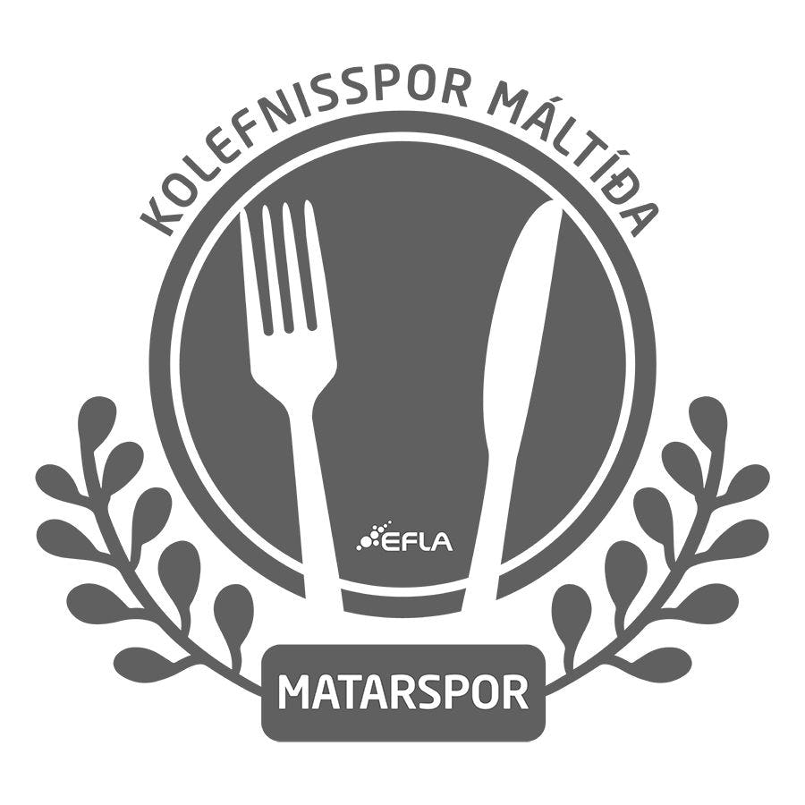 A logo featuring a fork and knife encircled and Icelandic texts