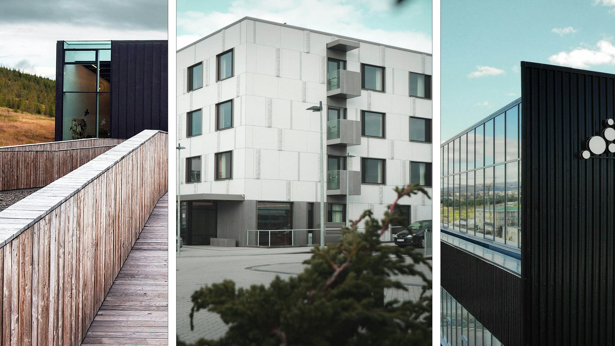 A collage of three photos featuring white building with balcony, a black building with glass windows and a wooden ramp