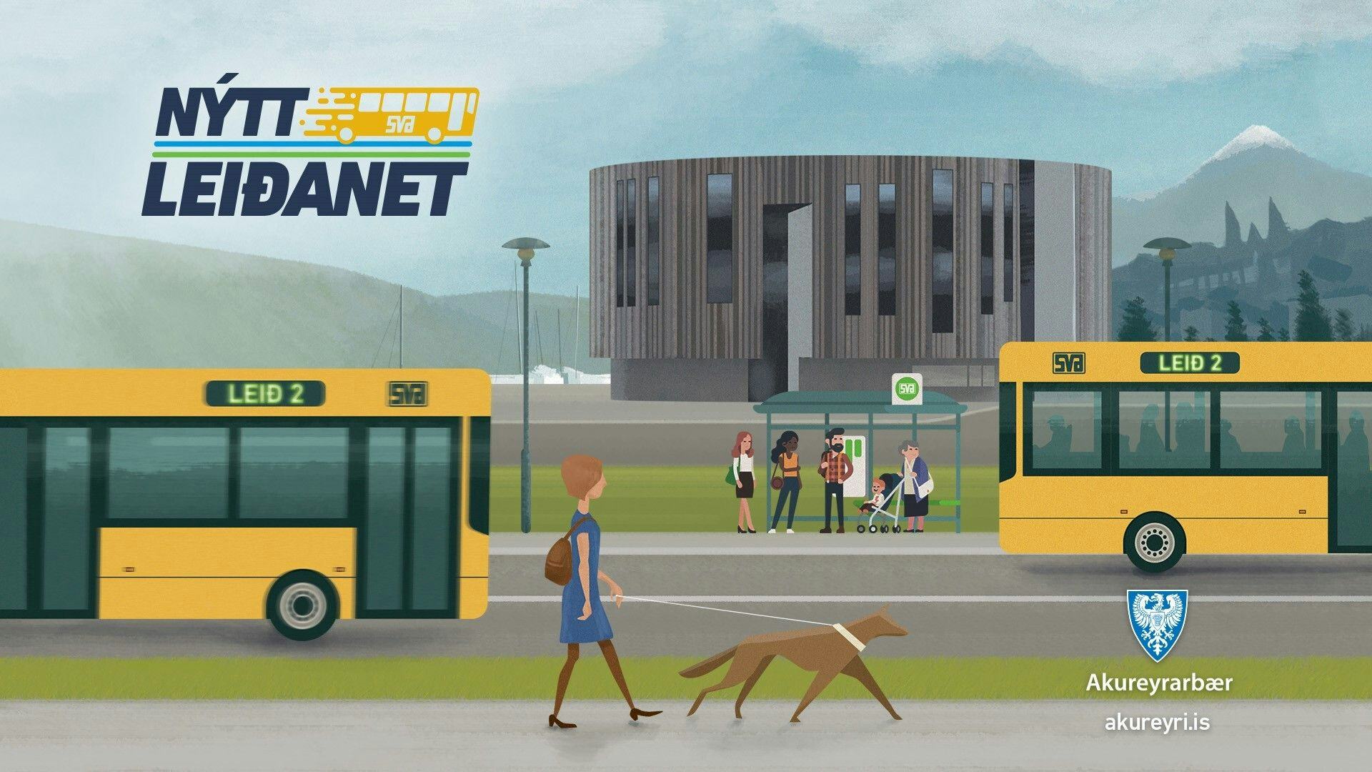 A graphic showing a city bus scene with people waiting at a bus stop, a woman walking by with a dog 