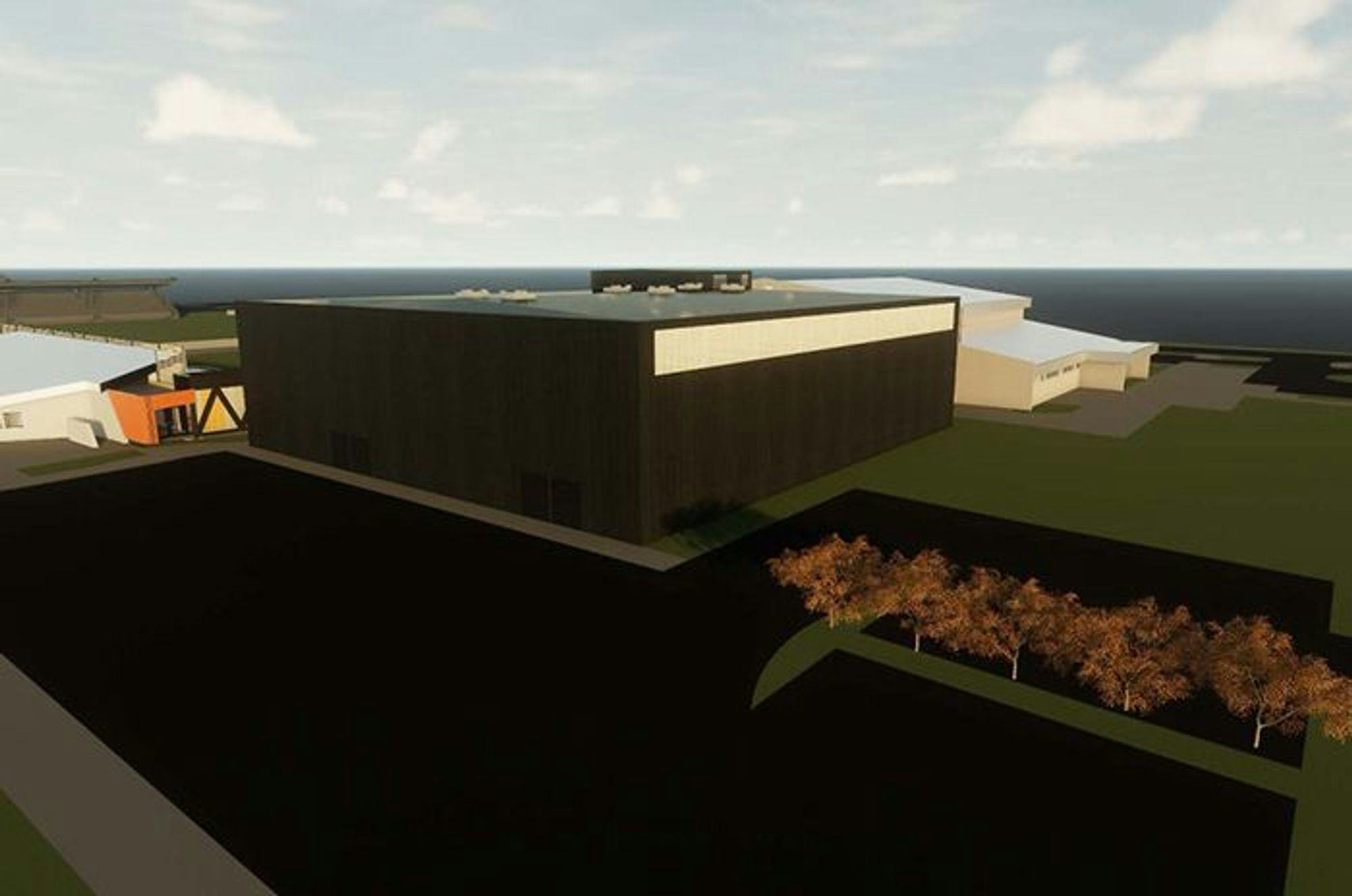 A 3D visualization of black building  surrounded by landscape 