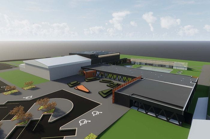 3D picture of a sports facility with various courts, parking lot and green space