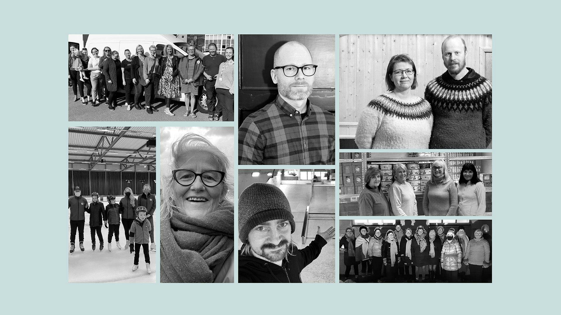 A collage of black and white images featuring various groups of people in different settings such as a team photo, individuals posing and people ice skating
