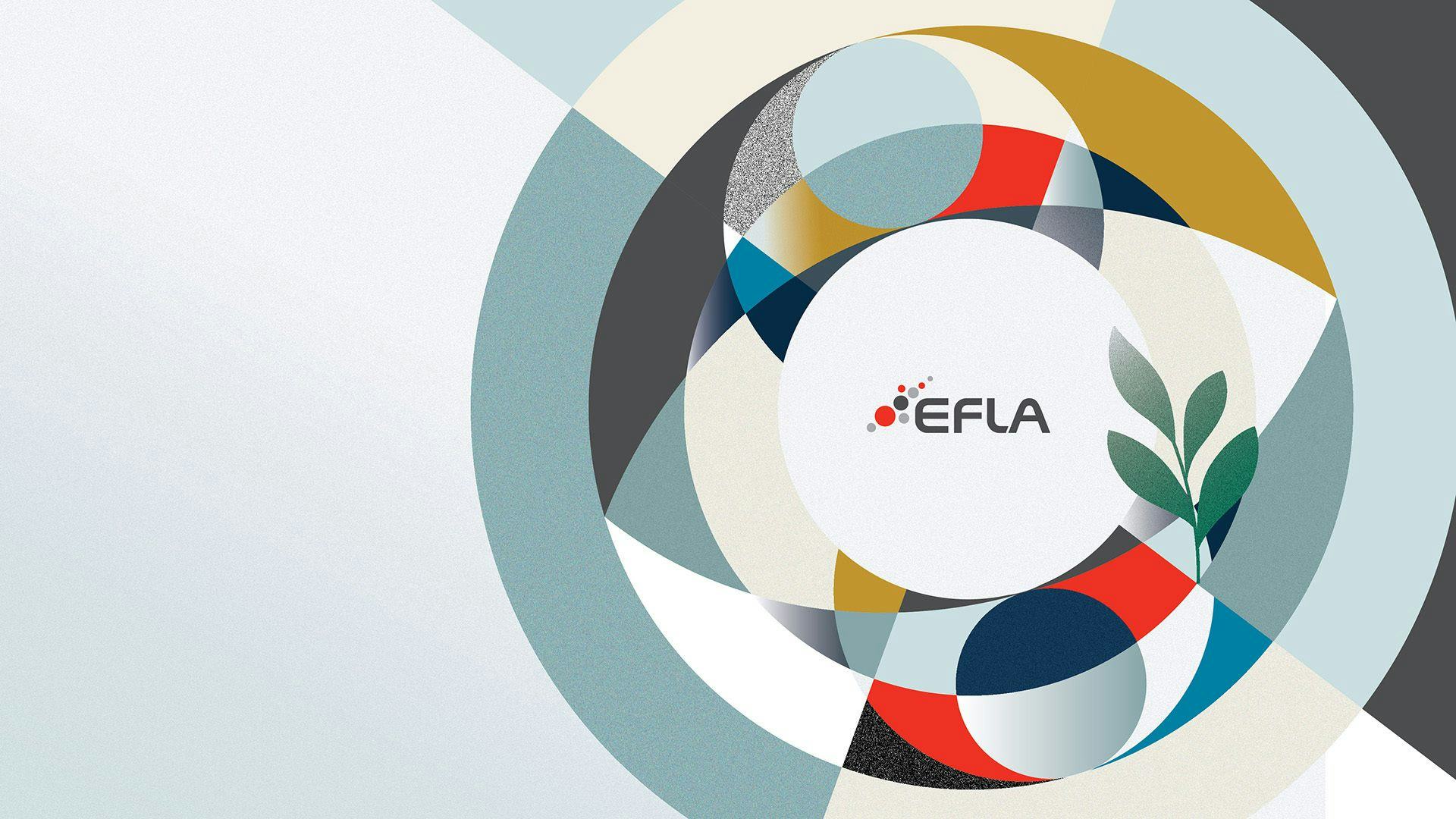 An abstract geometric design with overlapping circles in various colors and the logo of "EFLA"