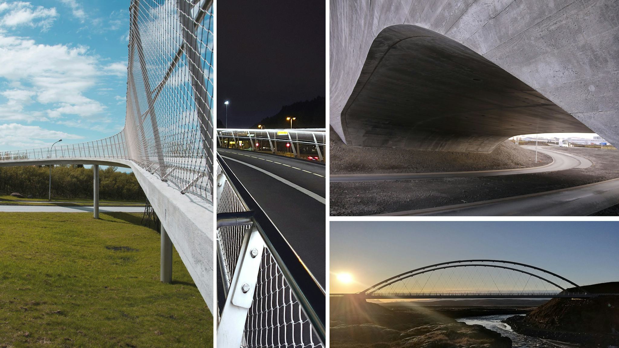 A collage of few photos featuring different perspectives of modern bridges, showcasing architectural design and engineering