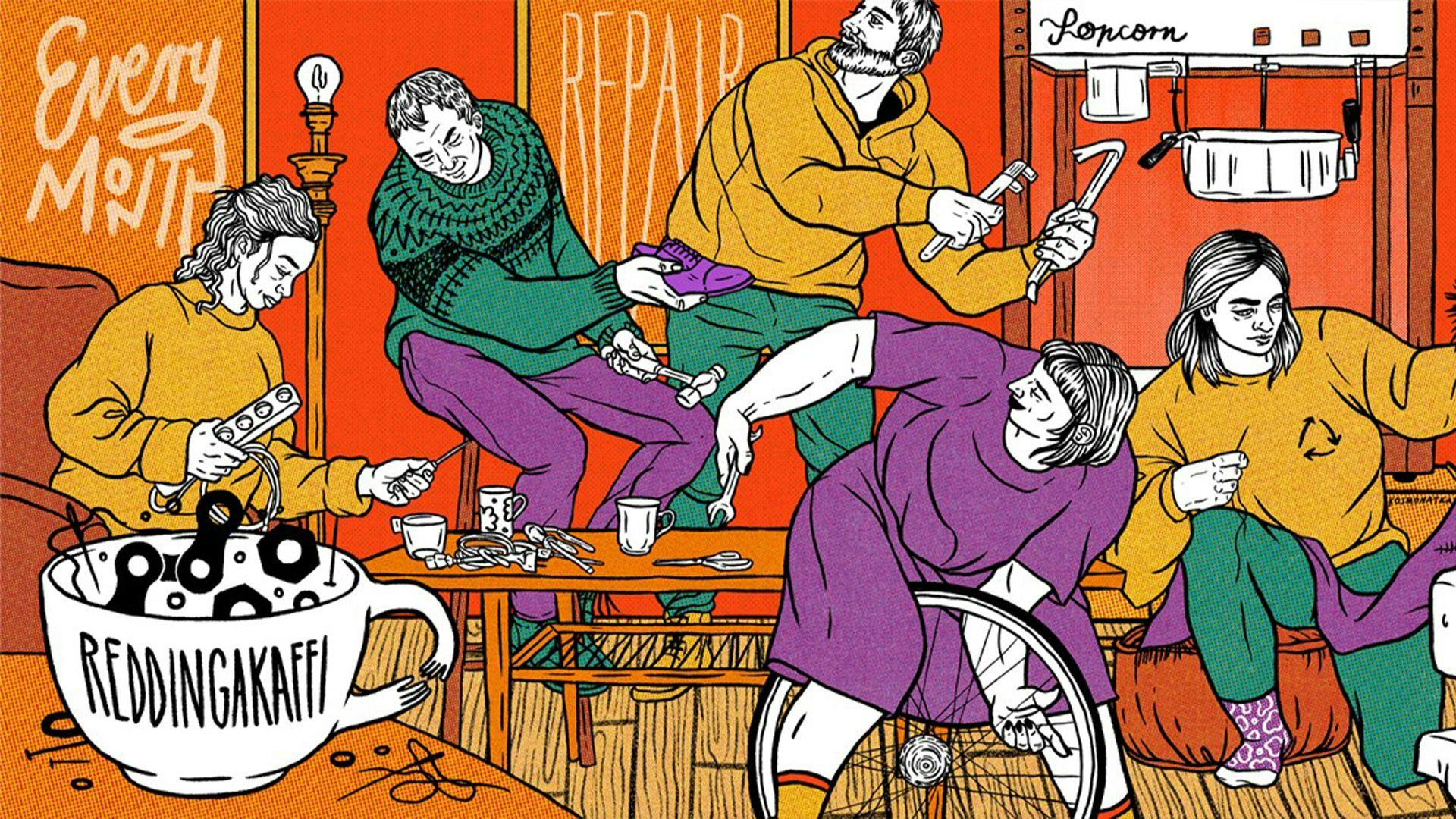 Cartoon illustration of five people engaged in repair activities