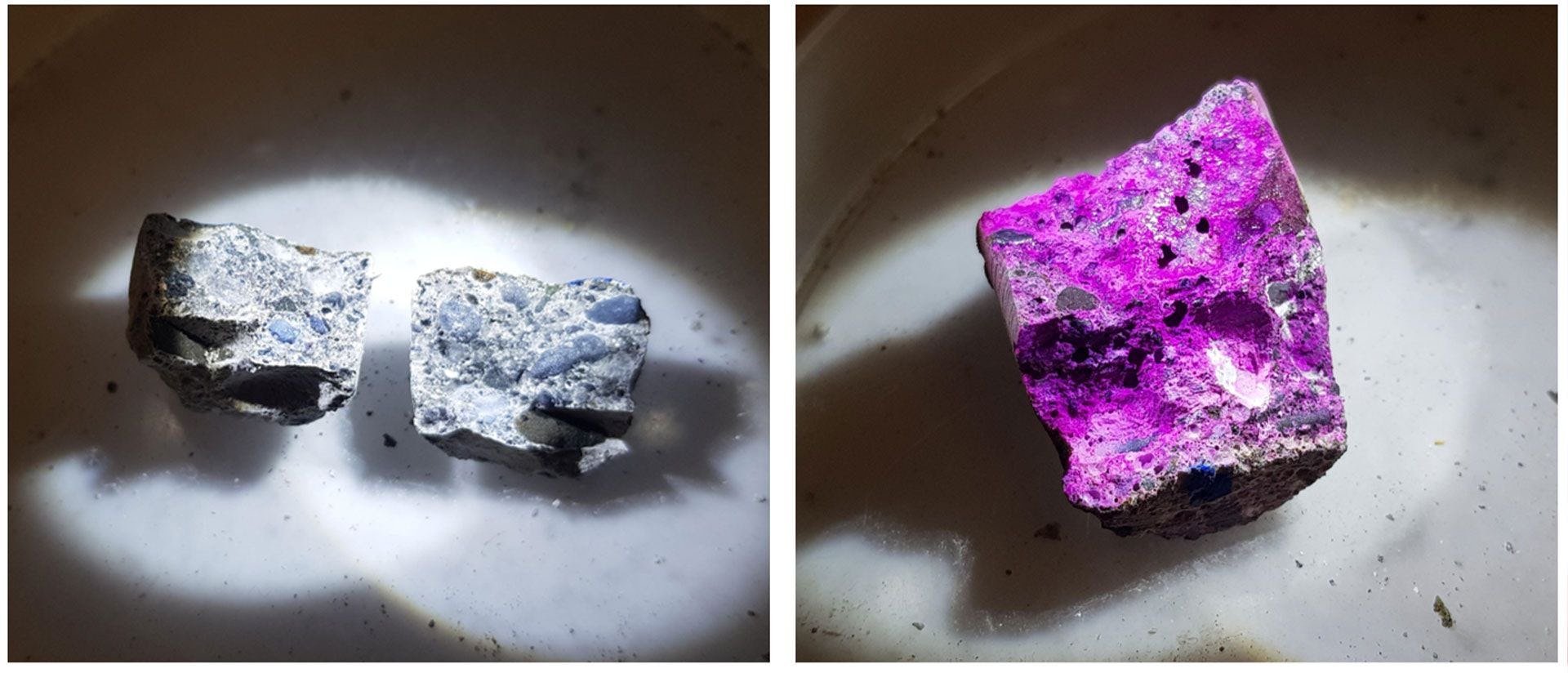 Two samples of rocks under Ultraviolet light revealing different results