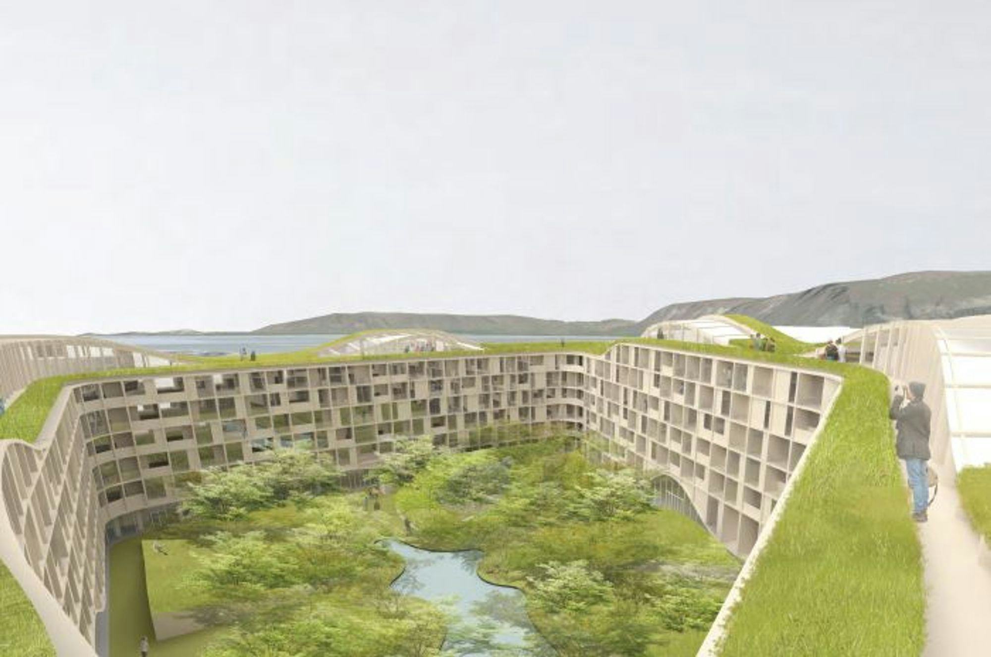 3D model of O-shaped building complex encompassing a central green courtyard with trees and small pond