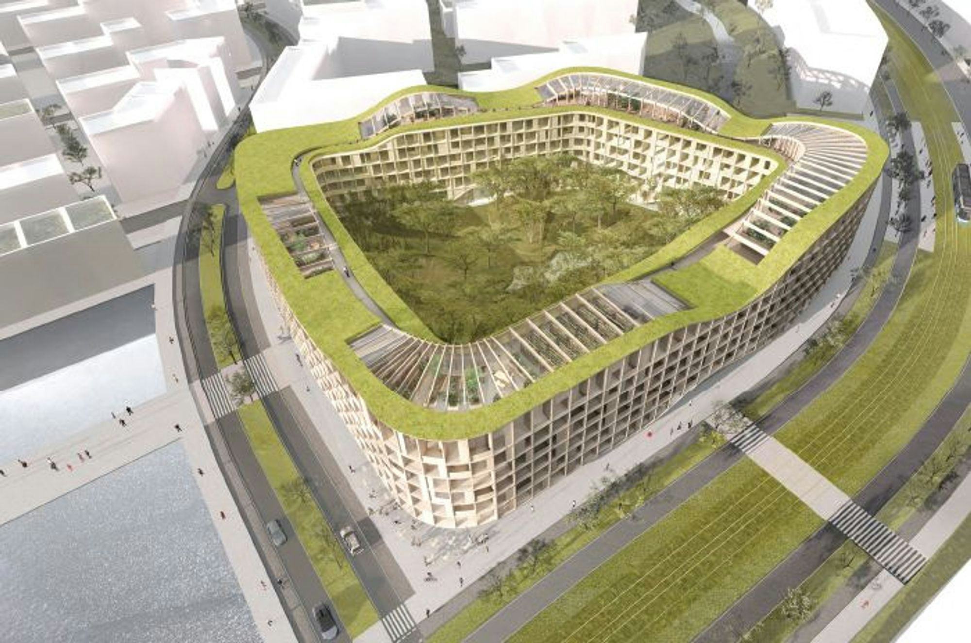 3D model of O-shaped building complex encompassing a central green courtyard with trees 