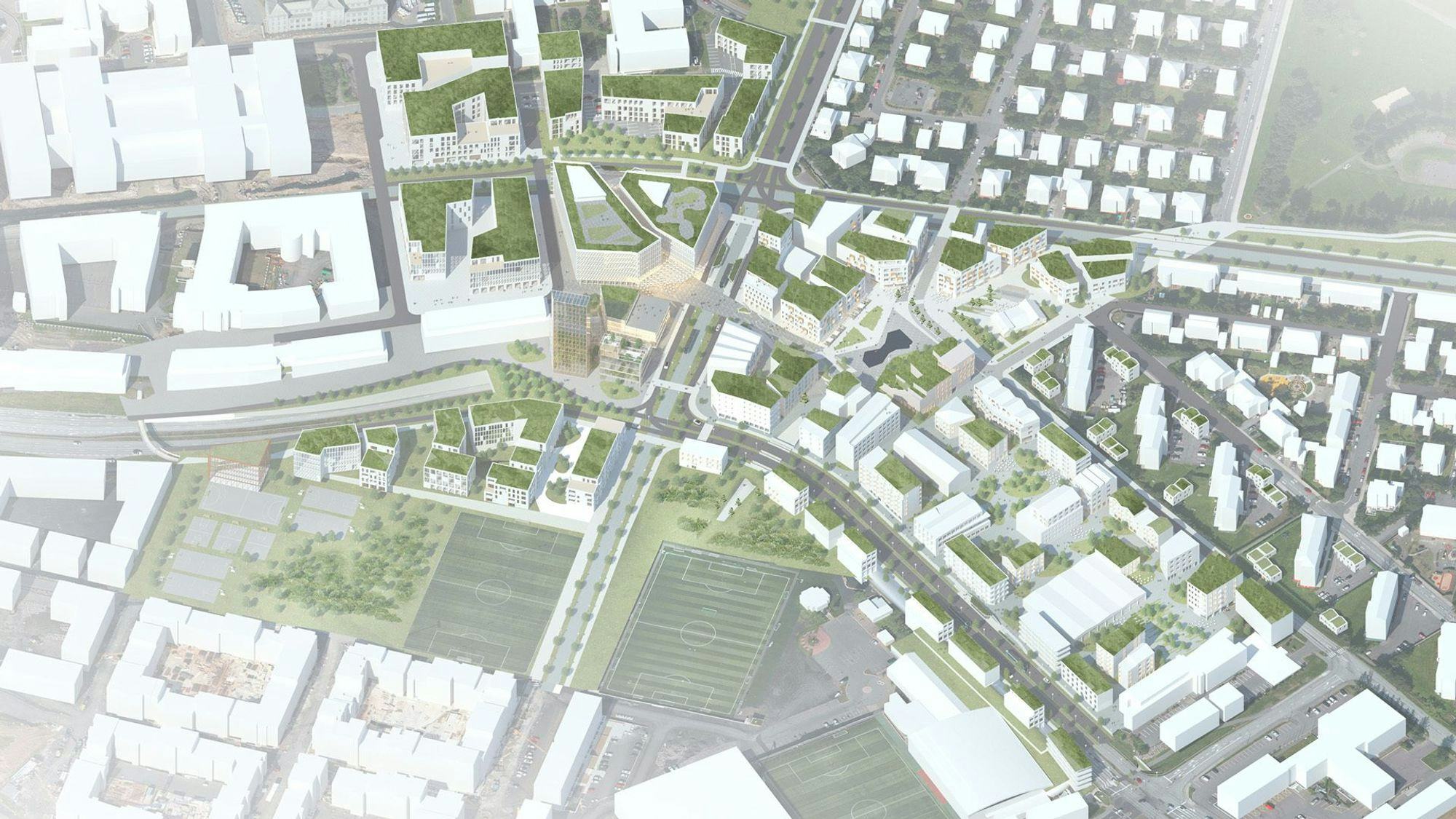 3D visualization of a city block layout with buildings and green spaces