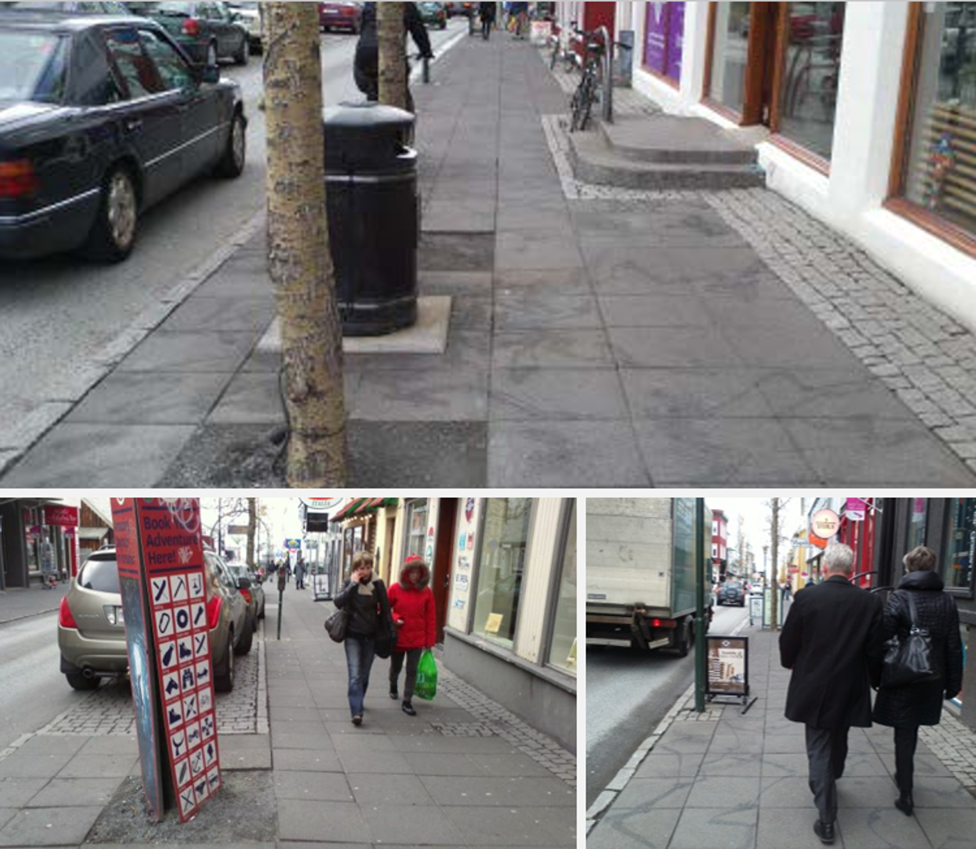 image consists of three small pictures featuring pedestrian pathway and people walking in pair