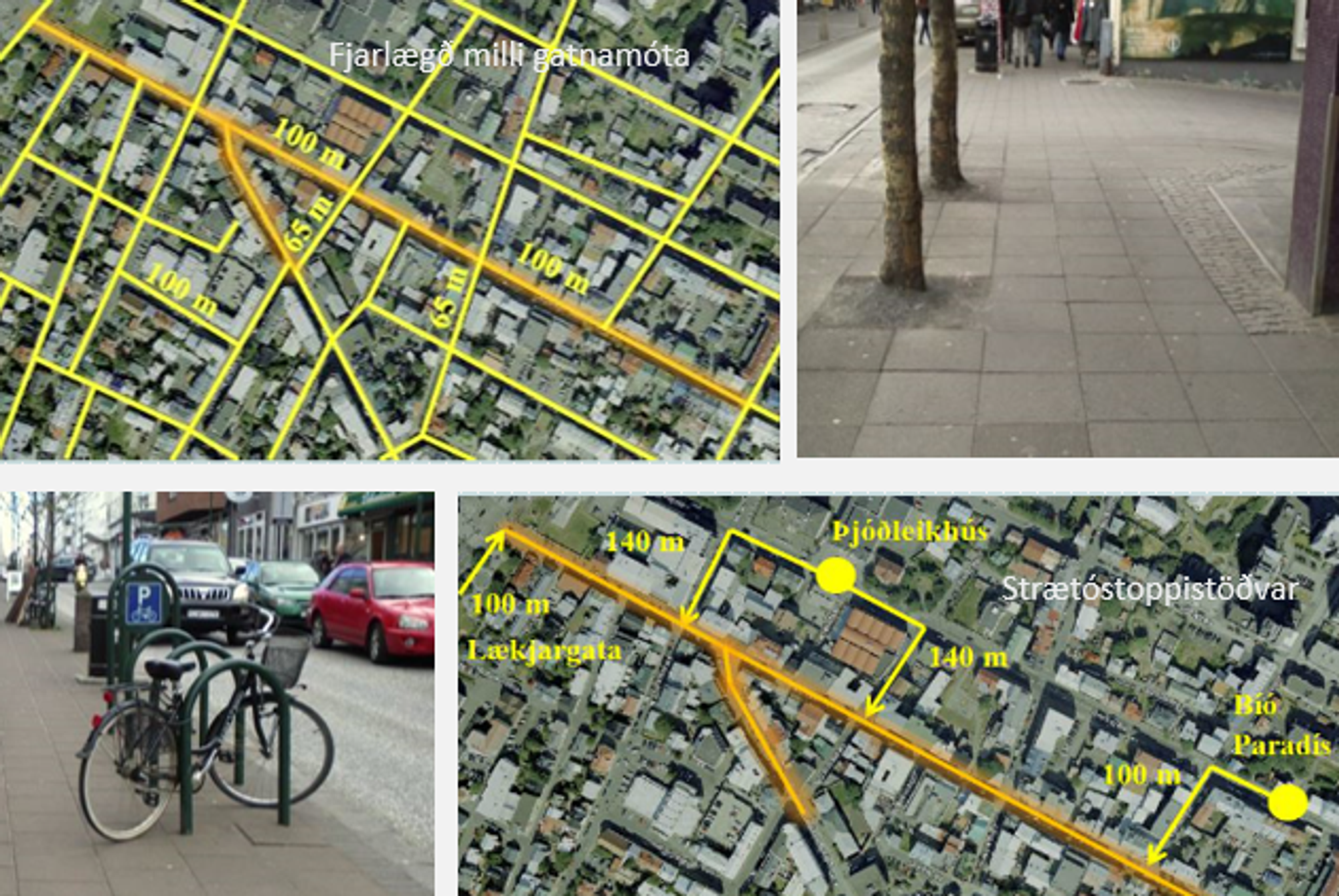 Image is consist of two maps with marked areas and two pictures showing pedestrian pathways and parked cycle