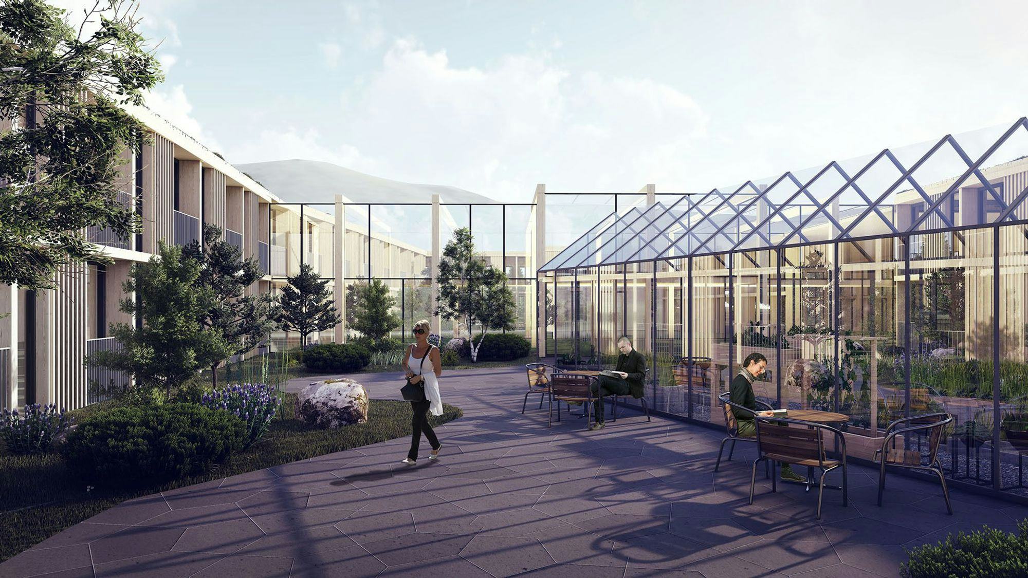 3D model of an outdoor setting with people walking and sitting at tables adjacent to a modern glass greenhouse