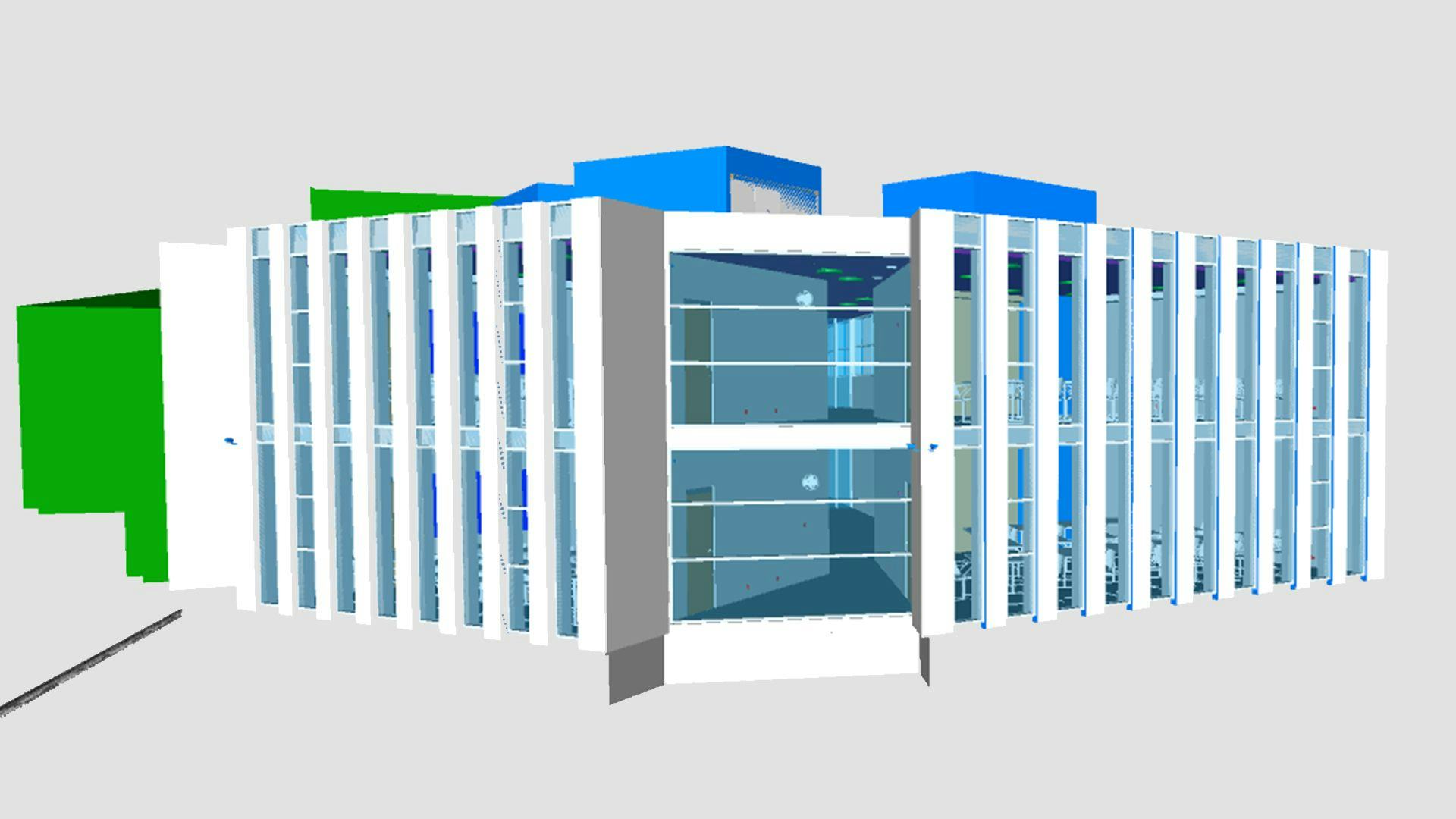 3D model of a white building with large glass window in the front
