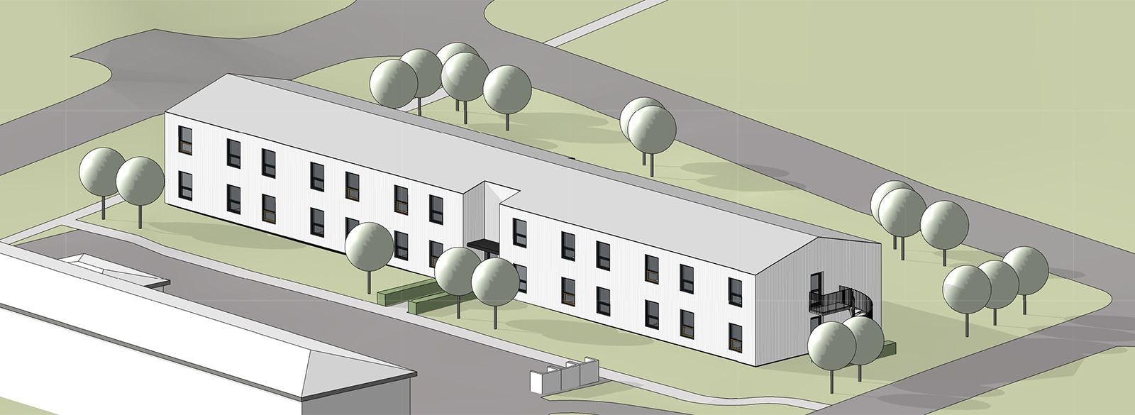 3D model of a building complex with minimalistic design