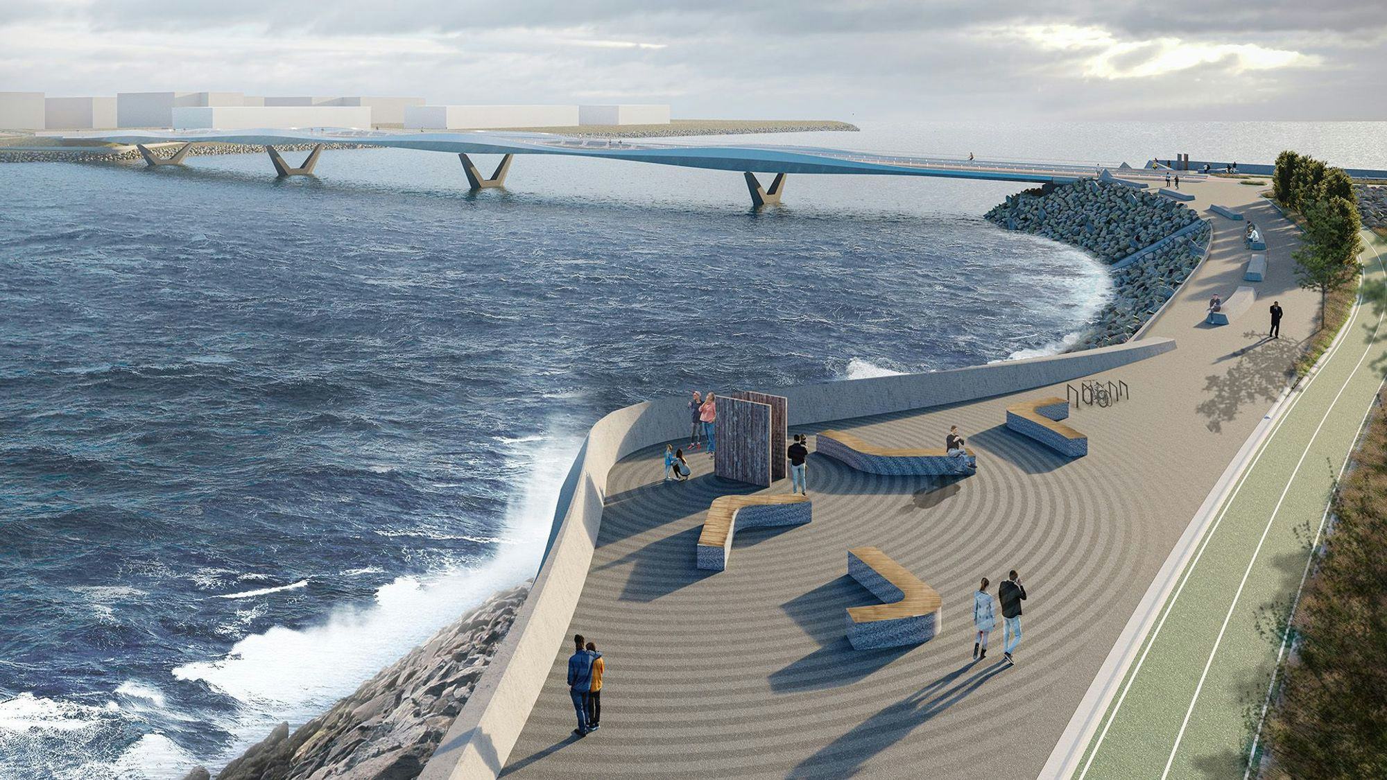 3D picture of coastal area with bridge in the background and people overlooking the sea